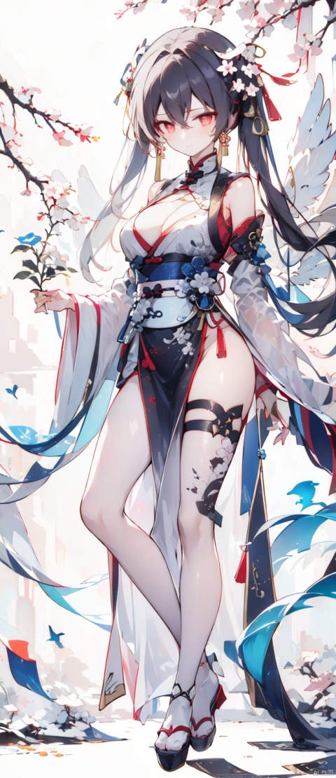  (wings:1.5),1girl, solo, long hair, breasts, looking at viewer, bangs, black hair, red eyes, long sleeves, dress, bow, holding, cleavage, hair between eyes, bare shoulders, twintails, medium breasts, very long hair, full body, detached sleeves, japanese clothes, water, sash, bare legs, thigh strap, mask, obi, red dress, pink dress, red nails, fish, string, fox mask, ripples, string of fate, holding mask, (\shen ming shao nv\), (\ji jian\), jiqing, (\MBTI\), photography