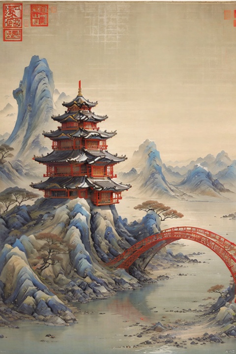 tree, no humans, bird, building, scenery,  mountain, sun, architecture, east asian architecture, castle, 3D, chinese paiting