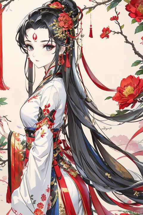  1girl, solo, long hair, black hair, hair ornament, dress, jewelry, upper body, flower, earrings, facial mark, chinese clothes, moon, forehead mark, branch, jijianchahua, bailing_matte, Best quality, painting