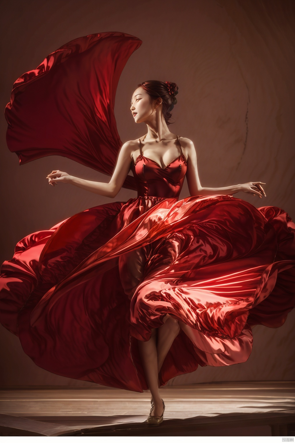  red chianese dress,illustration,,Cleavage,gufeng,  sky, Dance