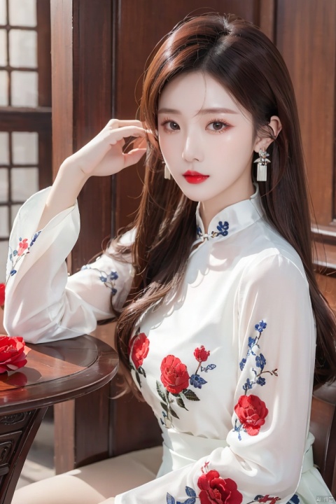  Fashion photography portrait,close up portrait,Xiuhe,1girl\(solo,black long hair,jewelry,tassel,makeup,red lips,(Milky skin):1.2,(shiny skin):1.4,wearing embroidery traditional chinese red dress,long sleeves,wide sleeves,is surrounded by red rose and peony,sitting,(face to viewer,look at viewer):1.5,floating hair,indoor:1.4,(upper half body):1.8),Dynamic Angle,Perspective,
background\(pavilion,pool,Mahogany chair,ancient Chinese wooden architecture,Corridor bridge\),
Epic CG masterpiece,hdr,8K,ultra detailed graphic tension,stunning colors,surrealism,cinematic lighting effects,realism,super realistic,HD,