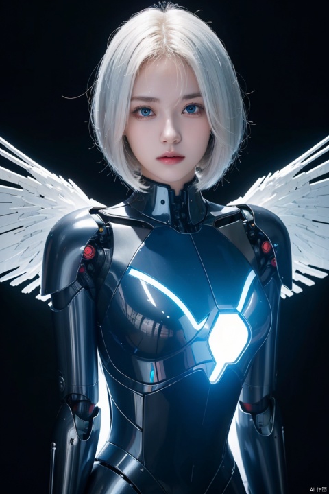 1girl, solo, looking at viewer, short hair, bangs, blue eyes, closed mouth, white hair, wings, glowing, expressionless, robot, science fiction, android, mecha musume, joints, straight-on, robot joints, mechanical parts, spine, hologram