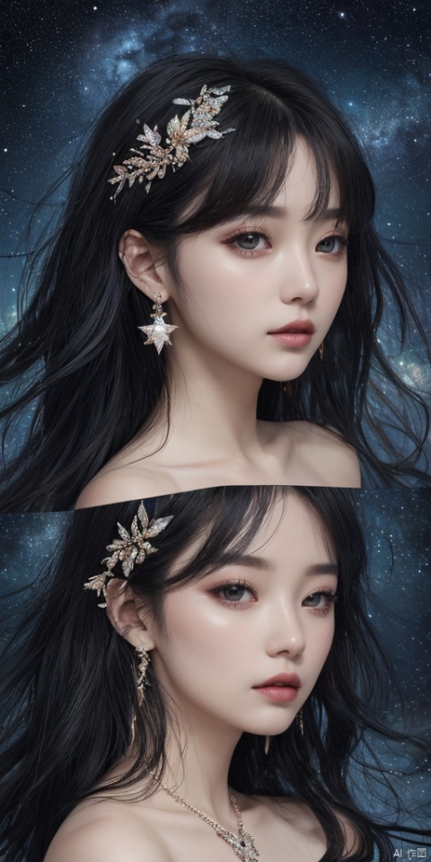  1girl, dance, Fairy, crystal, jewels,black, wings,All the Colours of the Rainbow, Crystal clear,solo, long hair, looking at viewer,black hair,jewelry, earrings,lips, makeup, portrait, eyeshadow, realistic, nose,{{best quality}}, {{masterpiece}}, {{ultra-detailed}}, {illustration}, {detailed light}, {an extremely delicate and beautiful}, a girl, {beautiful detailed eyes}, stars in the eyes, messy floating hair, colored inner hair, Starry sky adorns hair, depth of field,zj,