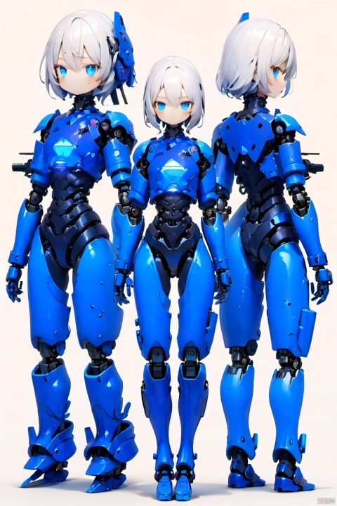 1girl, solo, looking at viewer, short hair, bangs, blue eyes, closed mouth, white hair, wings, glowing, expressionless, robot, science fiction, android, mecha musume, joints, straight-on, robot joints, mechanical parts, spine, hologram, 3D, three views