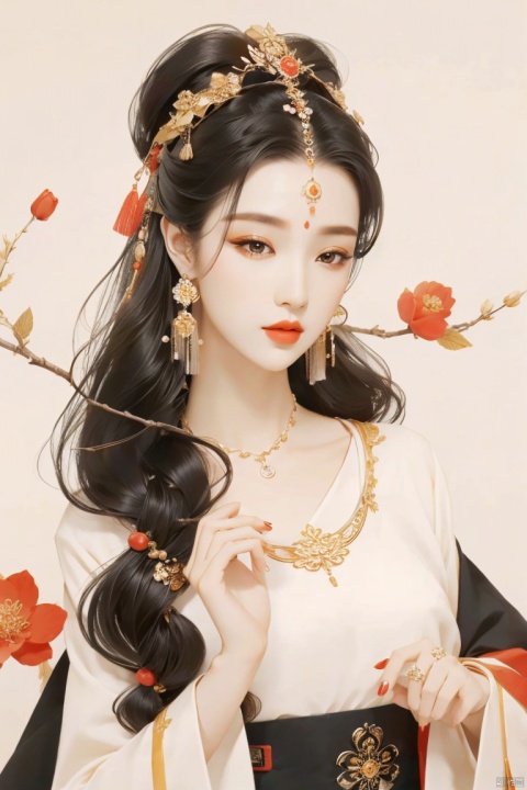 1girl, solo, long hair, black hair, hair ornament, dress, jewelry, upper body, flower, earrings, facial mark, chinese clothes, moon, forehead mark, branch, jijianchahua