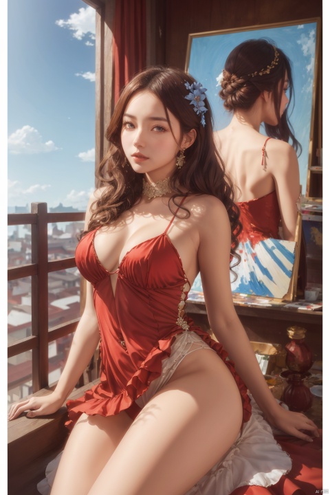  red chianese dress,illustration,,Cleavage,gufeng, paopaoma,looking at viewer,(Thighs),hair ornament, art painting, painting, sky