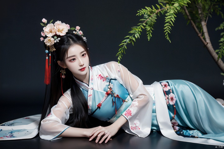  best quality,masterpiece,realistic,(simple background:1.3),hair ornament,1girl,solo,black hair,long hair,mountain,cloud,(flower:1.2),upper body,wind,hanfu , hair ornament , chinese clothes,leaf,lying,(on side:1.5),ink wash painting,ink,(head hold:1.5),touching ears,jewelry, Dance, linkedress_red dress, yue , hair ornament , hanfu, erciyuan girl, model, girl