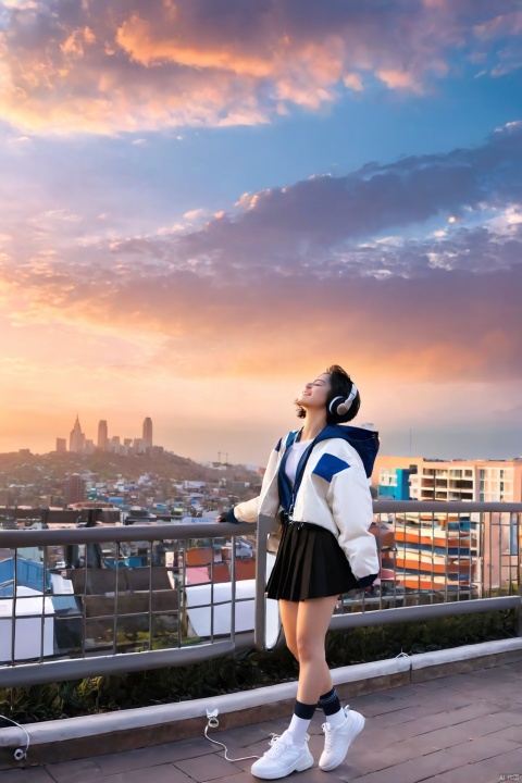 1girl, smile, short hair, open mouth, skirt, black hair, long sleeves, 1boy, jacket, closed eyes, white hair, outdoors, sky, shoes, socks, belt, pants, cloud, headphones, sneakers, sunset, pouch, city, cityscape, falling, belt pouch, midair, pillarboxed