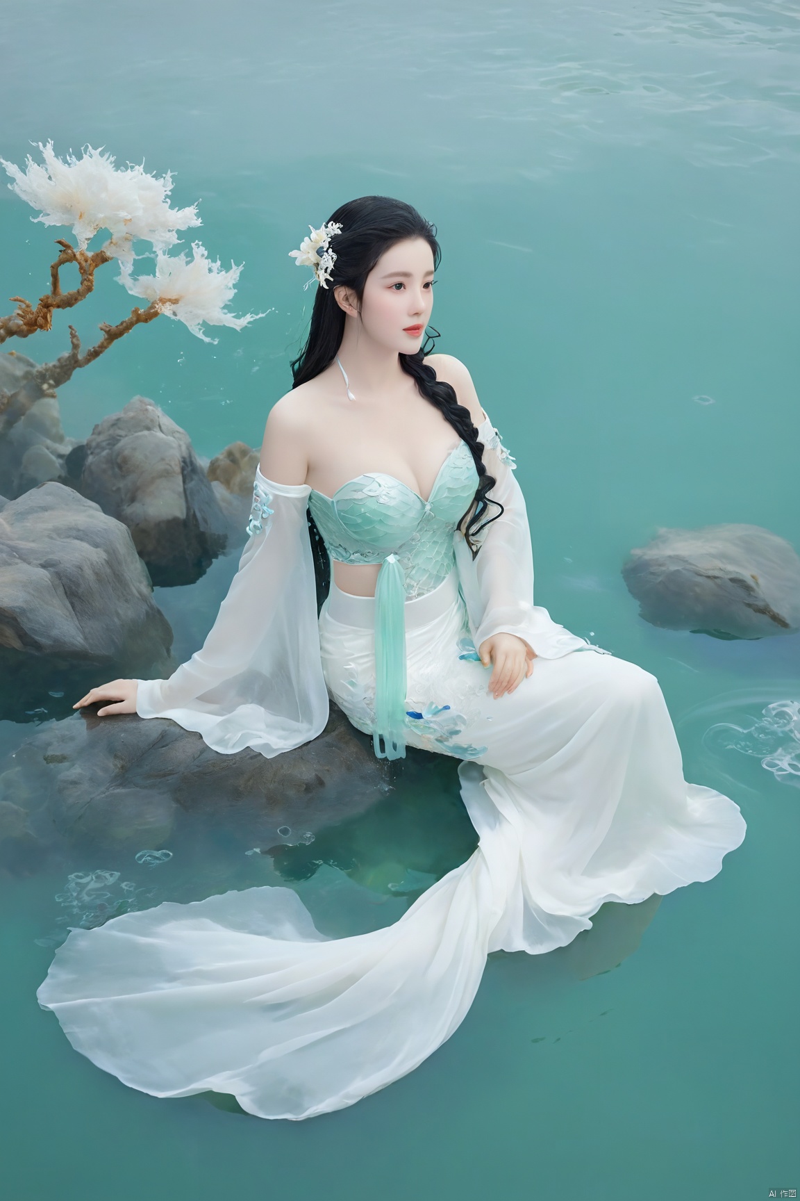  arien_hanfu, mermaid,east dragon,pure white theme,deep in the water,sea,under sea,30 yo lady,large_breasts, guohua, HUBG_Chinese_Jade, Relief style, daxiushan