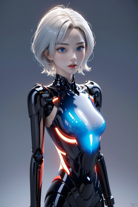 1girl, solo, looking at viewer, short hair, bangs, blue eyes, closed mouth, white hair, wings, glowing, expressionless, robot, science fiction, android, mecha musume, joints, straight-on, robot joints, mechanical parts, spine, hologram, 3D