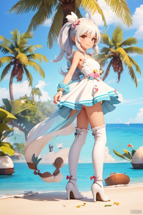 (full_body:1.2), (full body:1.2),Beach, coconut trees,,(smile:1.0),dress,long_legs, high heels, loli, kneehigh_boots, thighhigh_boots, coconut IP, 3D, three views,character design