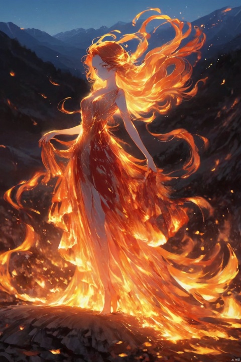  A fire spirit, her body a living flame, dances among the embers of a dying bonfire. Her hair is a cascade of fiery reds and oranges, and her eyes glow with the intensity of a thousand suns. The light from her very being illuminates the night, casting a warm, flickering glow on the surrounding landscape.