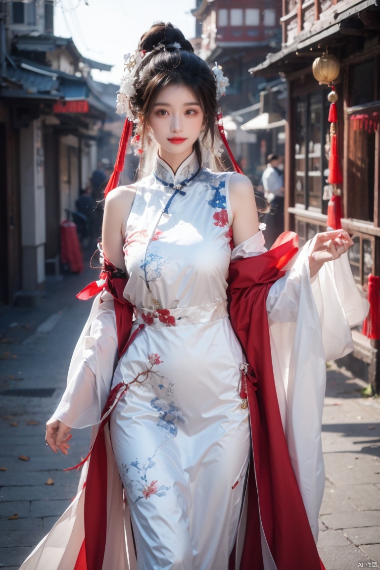  best quality, masterpiece, ultra high res,1girl, gigantic_breasts, looking at viewer,(see-through dress),bare shoulders,dress,qi pao,ancient Chinese street ,Chinese dress,, yosshi film, standing, one girls, chinese_clothes, Chinese costume, street, smiling, holding_wood_box , ganyu (genshin impact), 1girl, photography, anancq
