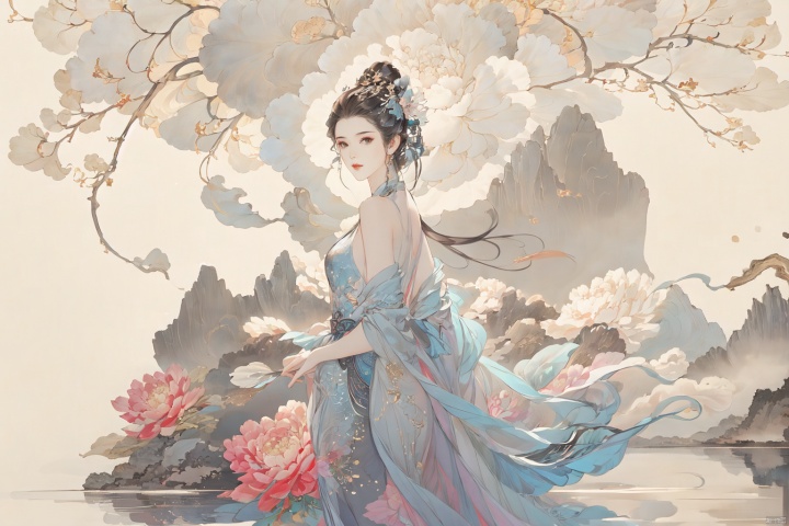  ((4k,masterpiece,best quality)), shuimobysim, traditional chinese ink painting, lotus, solo, blake hair, long hair, fox ears,look at viewer, dress,ruhua,chinese clothes,closed mouth,Mountains, trees, forests, mountains, running water, 1 girl ,solo,yuechan ,bare shoulders,jewelry, eyelashes,eyeshadow,（mole , mole under eye:1.2),ruhua,Umbrella, open umbrella, open umbrella, paper umbrella