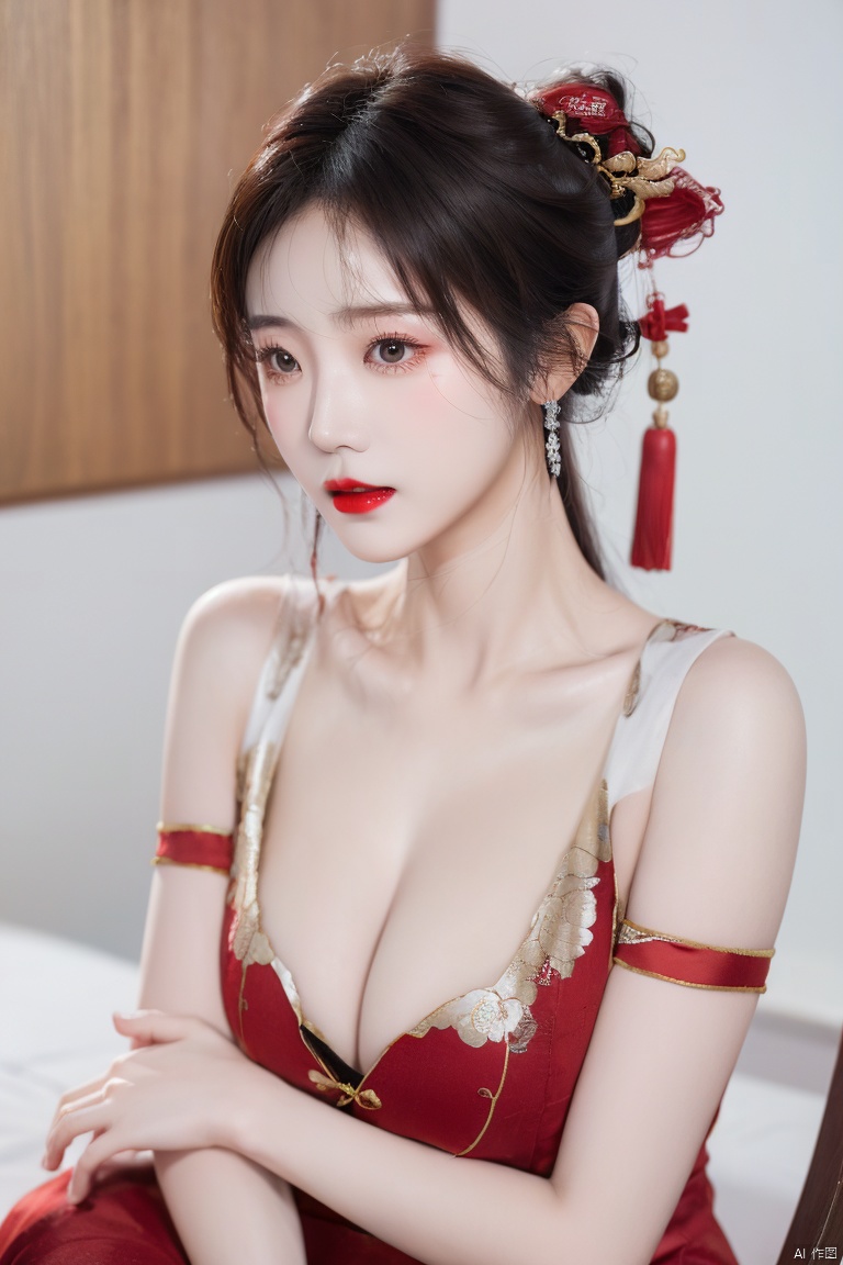  a girl,upper body, linkedress,red dress,Hanfu, China clothing,Looking the viewers,and sit down.Forehead mark,Red lips,  realistic, Bare shoulders, plump breasts, cleavage, depth of field