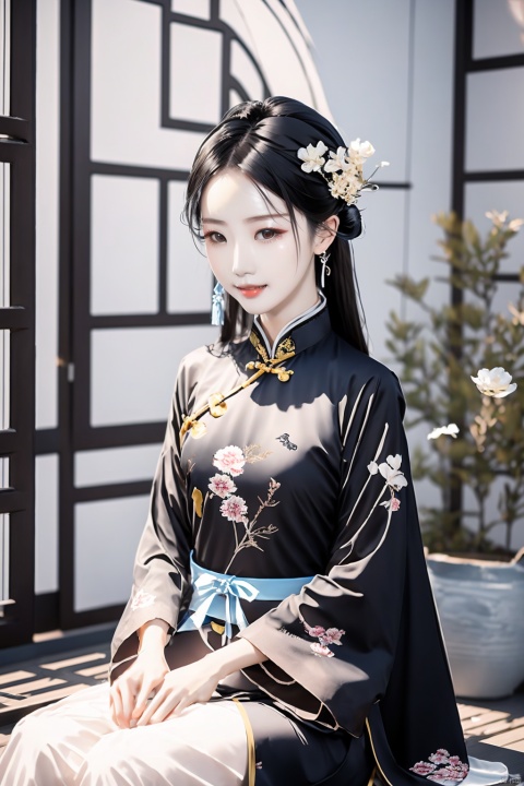  1girl, solo, black hair, sitting, chinese clothes, girl, chinese text（蝶恋花）, hanfu, light, catwalk