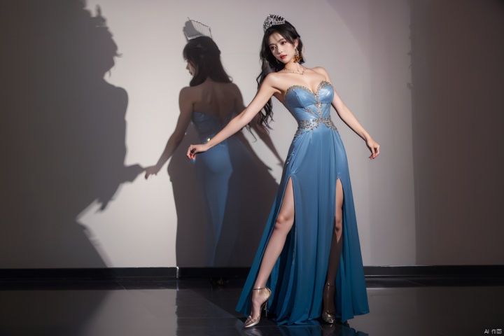 1girl, solo, breasts, black hair, dress, bare shoulders, jewelry, standing, full body, shoes, high heels, blue dress, shadow, tiara, Dance,