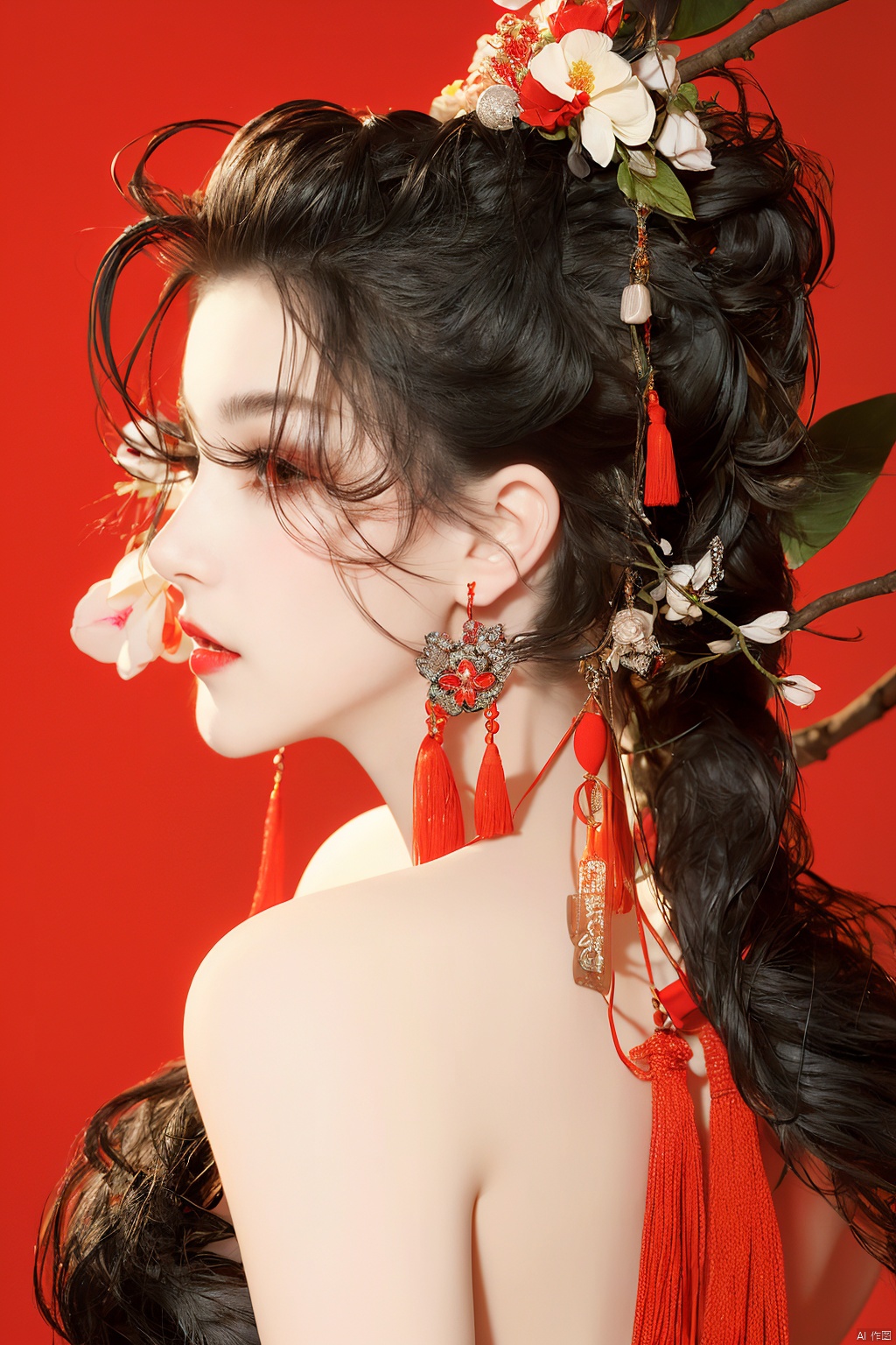  1girl, solo, long hair, black hair, hair ornament, jewelry, closed mouth, upper body, flower, earrings, blurry, from side, eyelashes, profile, makeup, red background, chinese clothes, red flower, tassel, branch, red lips, tassel earrings, guoflinke, midjourney portrait