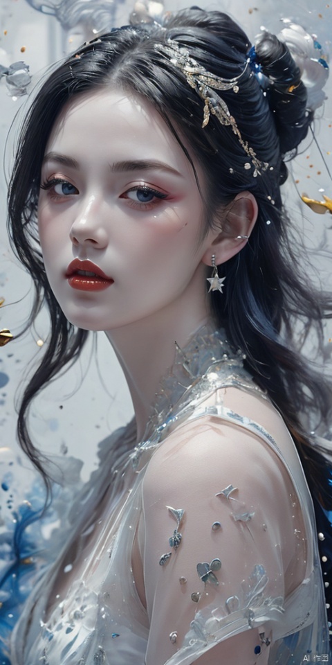  1girl, dance, Fairy, crystal, jewels,black, wings,All the Colours of the Rainbow, Crystal clear,solo, long hair, looking at viewer,black hair,jewelry, earrings,lips, makeup, portrait, {{masterpiece}}, {{ultra-detailed}}, {illustration}, {detailed light}, {an extremely delicate and beautiful}, a girl, {beautiful detailed eyes}, stars in the eyes, messy floating hair, colored inner hair, Starry sky adorns hair, depth of field,zj, Liuli