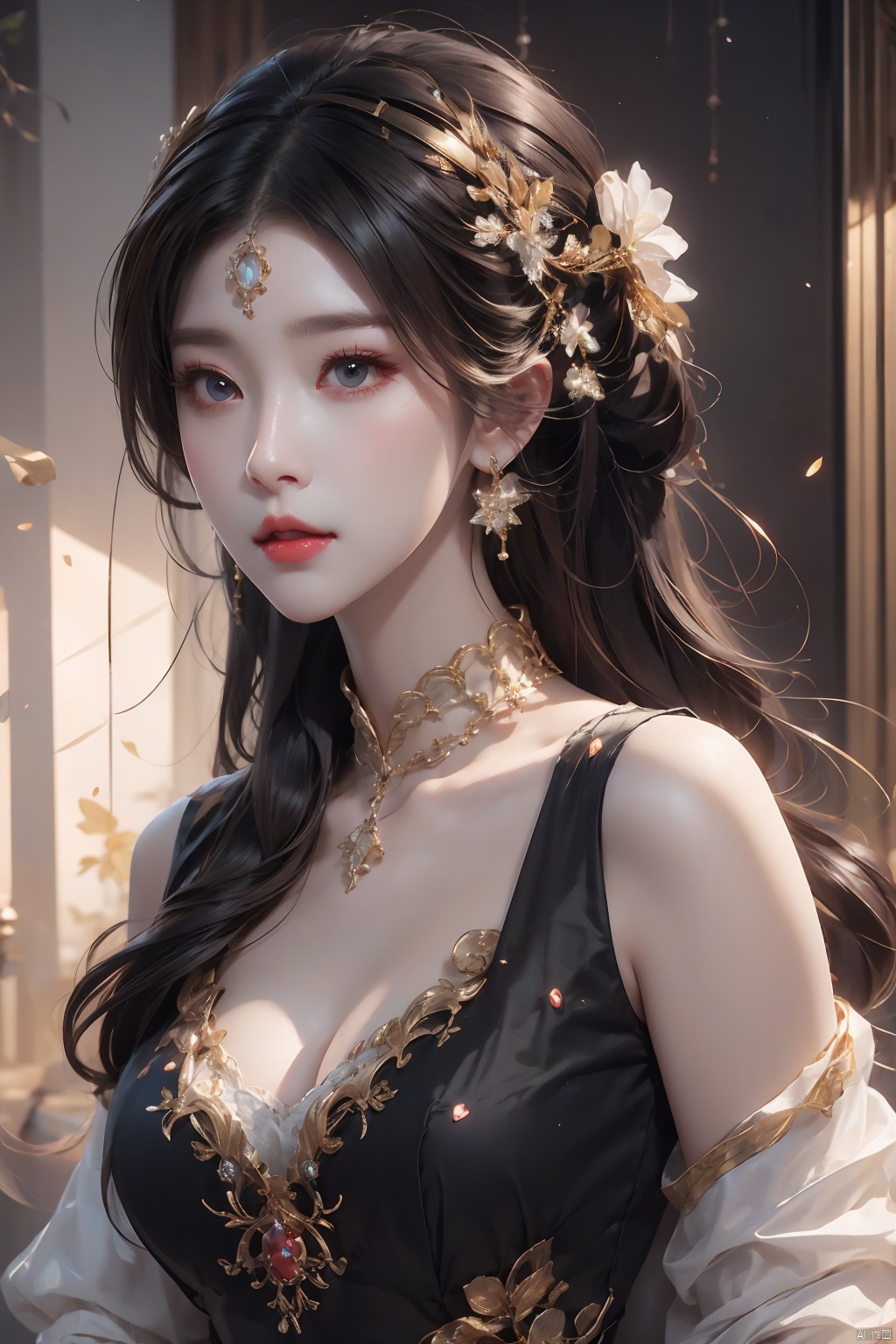  1girl, solo, long hair, black hair, hair ornament, jewelry, closed mouth,photography, Arien view, Game CG style, gchf