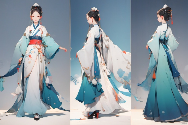  illustration,gufeng, paopaoma, jijianchahua, catwalk,model,fullbody, three views