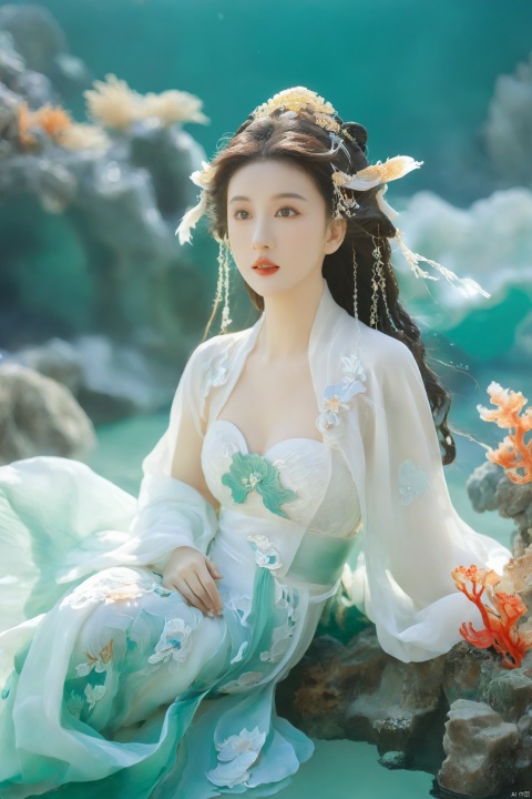  arien_hanfu, mermaid,east dragon,pure white theme,deep in the water,sea,under sea,30 yo lady,large_breasts, guohua, HUBG_Chinese_Jade, Relief style, daxiushan, 1girl