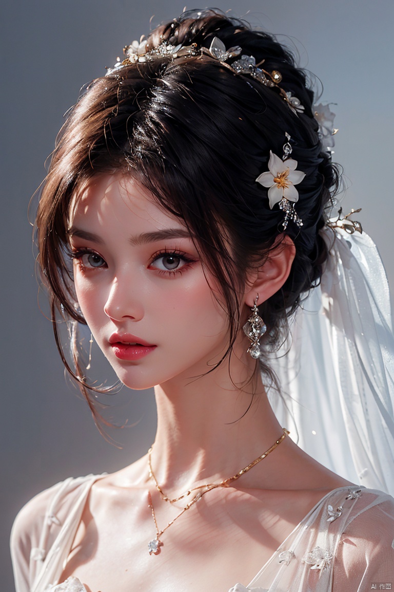  1girl, solo, black hair, short hair, jewelry, realistic, earrings, hair ornament, black eyes, lips, collarbone, parted lips, flower, watermark, upper body, portrait, hair flower, dress, web address, looking awayirt, illustration,, illustration, three views, catwalk,