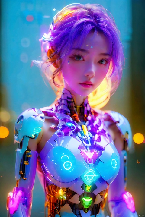  1girl,glowing,cyborg, energy,evening,fire,magic,Neon lights, blurry background, 3d,rotbot