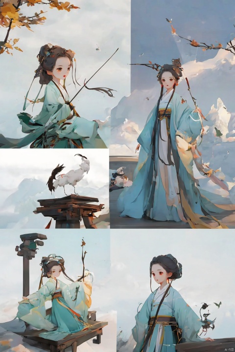  girls, three views,cute, 3d stely, , xianjing hanfu crane, Hanama wine