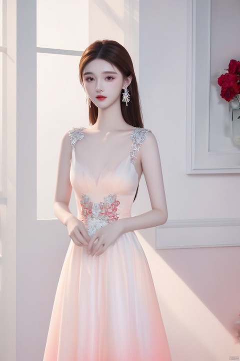  Best quality, masterpiece, photorealistic, 32K uhd, official Art,
1girl, dofas, solo, dofas, , mugglelight, puregirl, illustration, master work, high definition, ultra clear, fashionable and exquisite red ultra-thin evening dress, red and white gradient, photo, light