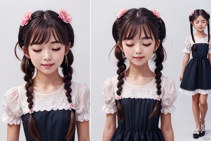  1girl, long hair, looking at viewer, blush, open mouth, brown hair, black hair, hair ornament, white background, dress, twintails, closed eyes, braid, flower, short sleeves, heart, puffy sleeves, hair flower, black eyes, twin braids, puffy short sleeves, multiple views, blue dress, expressions, erciyuan girl