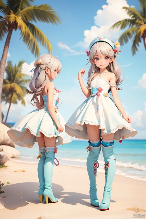  (full_body:1.2), (full body:1.2),Beach, coconut trees,,(smile:1.0),dress,long_legs, high heels, loli, kneehigh_boots, thighhigh_boots, coconut IP, 3D, three views,character design