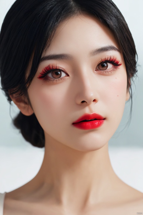  ty_mark,eyelashes,red lips,makeup, , depth of field