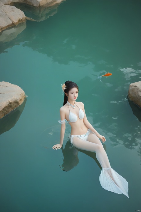  arien_hanfu, mermaid,east dragon,pure white theme,deep in the water,sea,under sea,,large_breasts, guohuabest quality, , (beautiful face:1.8), Super long legs, ((nude:1)), (boobs naked:0.65), masterpiece, 8K, RAW Photo, 1girl, , outdoor, full-length mirror, 18 years old, solo, Super long legs, sg, greendesign, shidiao, depth of field, 
