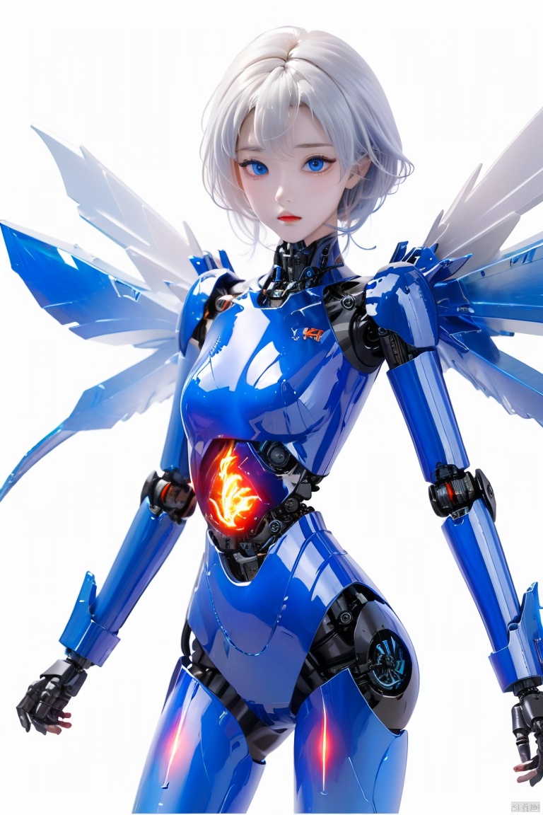  1girl, solo, looking at viewer, short hair, bangs, blue eyes, closed mouth, white hair, wings, glowing, expressionless, robot, science fiction, android, mecha musume, joints, straight-on, robot joints, mechanical parts, spine, hologram, 3D