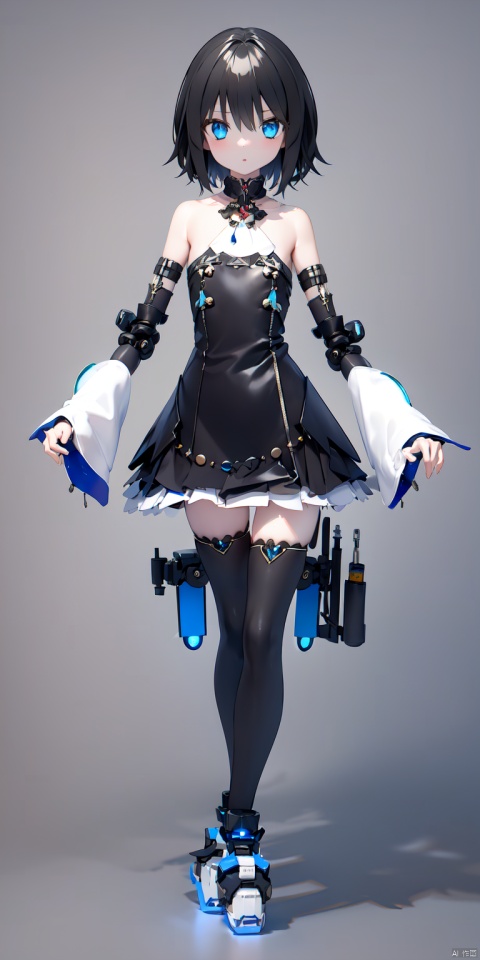  1girl。ooking at viewer, short hair, blue eyes,  black hair, thighhighs, dress, bare shoulders, jewelry, standing, full body, , 3d,rotbot
