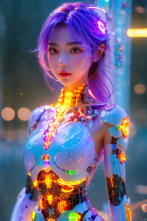  1girl,glowing,cyborg, energy,evening,fire,magic,Neon lights, blurry background, 3d
