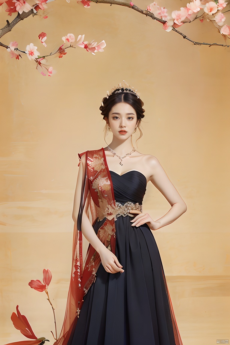  Best quality, masterpiece, photorealistic, 32K uhd, official Art,
1girl,  solo, Black hair,butterfly
, catwalk, ,model, linkedress_red dress, HUBG_CN_illustration