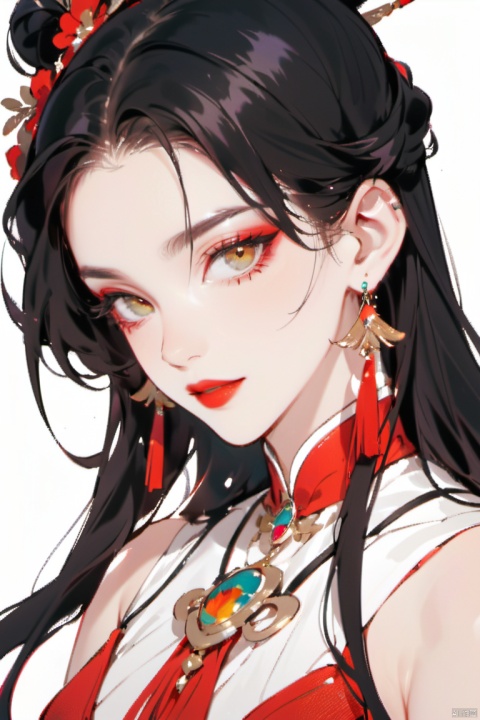 1girl, solo, long hair, looking at viewer, simple background, black hair, white background, bare shoulders, jewelry, upper body, earrings, eyelashes, makeup, tassel, portrait, spot color, red lips, tassel earrings, jijianchahua, photography, vector illustration
