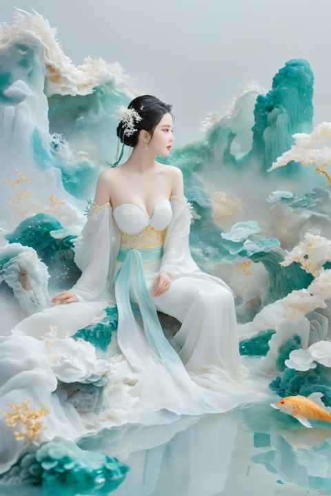  arien_hanfu, mermaid,east dragon,pure white theme,deep in the water,sea,under sea,30 yo lady,large_breasts, guohua, HUBG_Chinese_Jade, Relief style, daxiushan