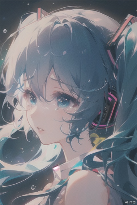(masterpiece), (best quality), illustration, ultra detailed, hdr, Depth of field, (colorful),1girl, solo, hatsune miku, long hair, twintails, profile, blue hair, crying, tears, bubble, from side, eyelashes, blue eyes, crying with eyes open, blurry, upper body, parted lips, bangs, bokeh, portrait, close-up, water drop, aqua eyes, hair ornament, depth of field, bare shoulders, aqua hair, light