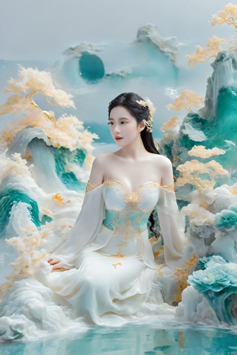  arien_hanfu, mermaid,east dragon,pure white theme,deep in the water,sea,under sea,30 yo lady,large_breasts, guohua, HUBG_Chinese_Jade, Relief style, daxiushan