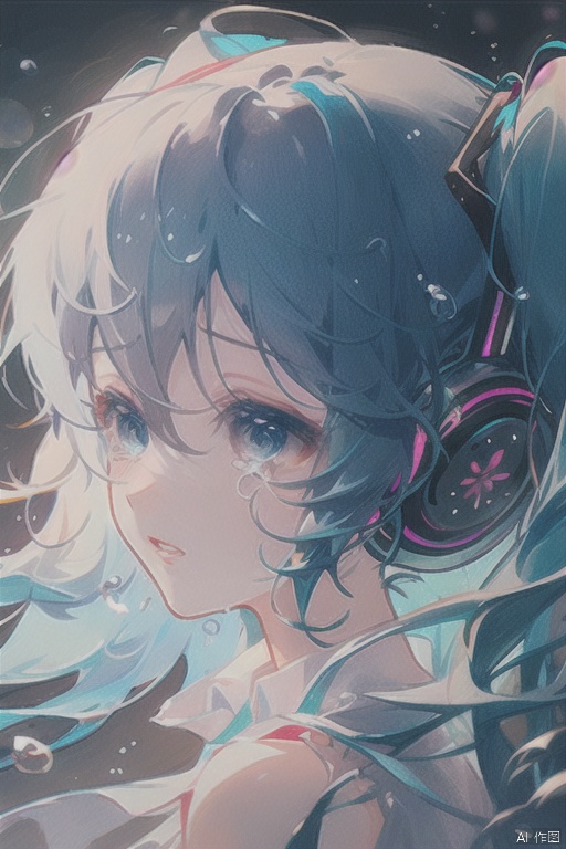 (masterpiece), (best quality), illustration, ultra detailed, hdr, Depth of field, (colorful),1girl, solo, hatsune miku, long hair, twintails, profile, blue hair, crying, tears, bubble, from side, eyelashes, blue eyes, crying with eyes open, blurry, upper body, parted lips, bangs, bokeh, portrait, close-up, water drop, aqua eyes, hair ornament, depth of field, bare shoulders, aqua hair, light