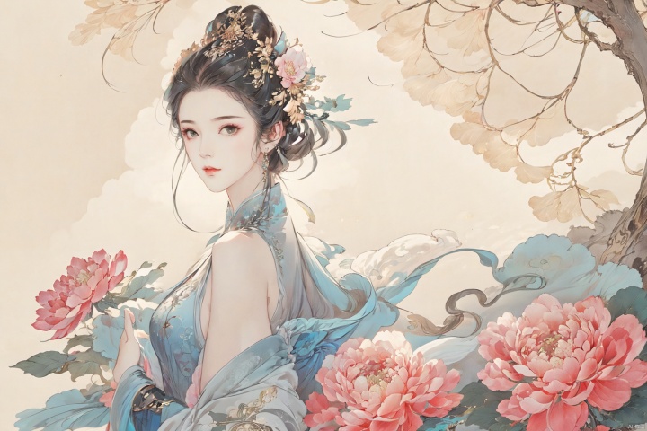  ((4k,masterpiece,best quality)), shuimobysim, traditional chinese ink painting, lotus, solo, blake hair, long hair, fox ears,look at viewer, dress,ruhua,chinese clothes,closed mouth,Mountains, trees, forests, mountains, running water, 1 girl ,solo,yuechan ,bare shoulders,jewelry, eyelashes,eyeshadow,（mole , mole under eye:1.2),ruhua,Umbrella, open umbrella, open umbrella, paper umbrella