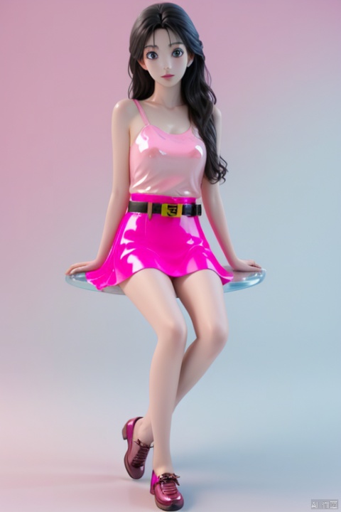,glazed girl, real, standing, sitting, flowing hair. Mixed color eyes, pink belt, 1 pair of colorful shoes, 3D