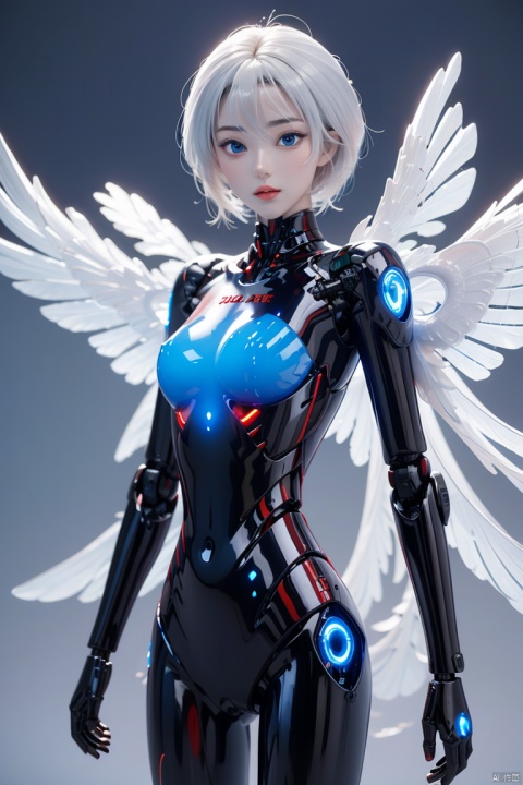 1girl, solo, looking at viewer, short hair, bangs, blue eyes, closed mouth, white hair, wings, glowing, expressionless, robot, science fiction, android, mecha musume, joints, straight-on, robot joints, mechanical parts, spine, hologram, 3D