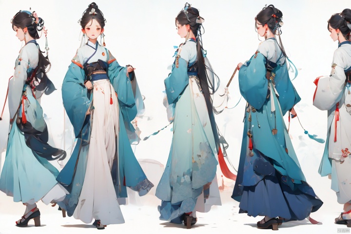  illustration,gufeng, paopaoma, jijianchahua, catwalk,model,fullbody, three views