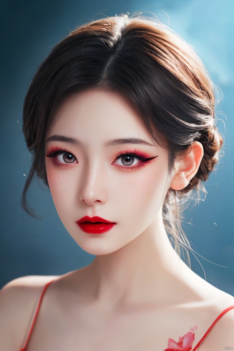  ty_mark,eyelashes,red lips,makeup, , depth of field, light, illustration