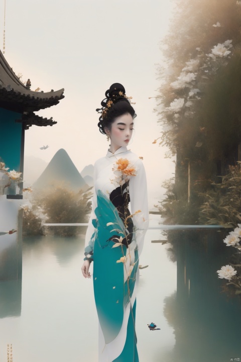 1girl, solo, long hair, black hair, hair ornament, long sleeves, holding, standing, full body, flower, outdoors, water, hair bun, sash, bird, chinese clothes, mountain, architecture, east asian architecture, crane \(animal\)