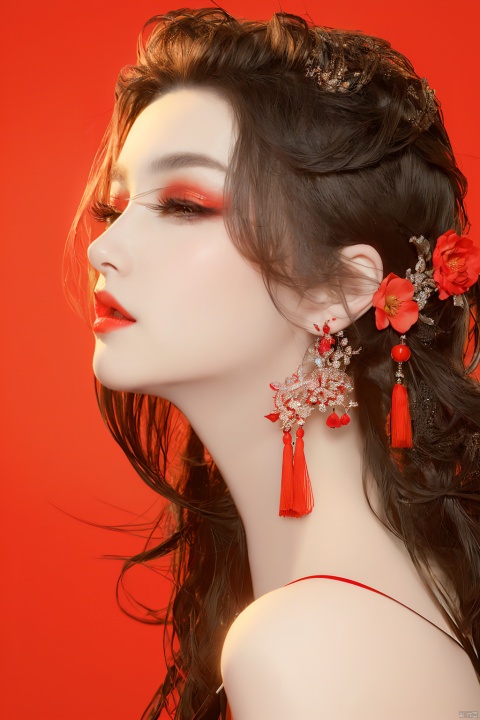 A stunning Chinese-inspired portrait of a young woman with long, dark hair adorned with an elegant hair ornament. She wears traditional clothing, her upper body showcased against a vibrant red background. Her profile is rendered in soft focus, her eyelashes and makeup subtly defined. A beautiful guoflinke pattern adorns her attire, complemented by tassel earrings that catch the light. The focal point is her striking profile, with full lips painted a deep crimson. In the distance, a branch holds a single red flower, adding to the overall sense of elegance and refinement.